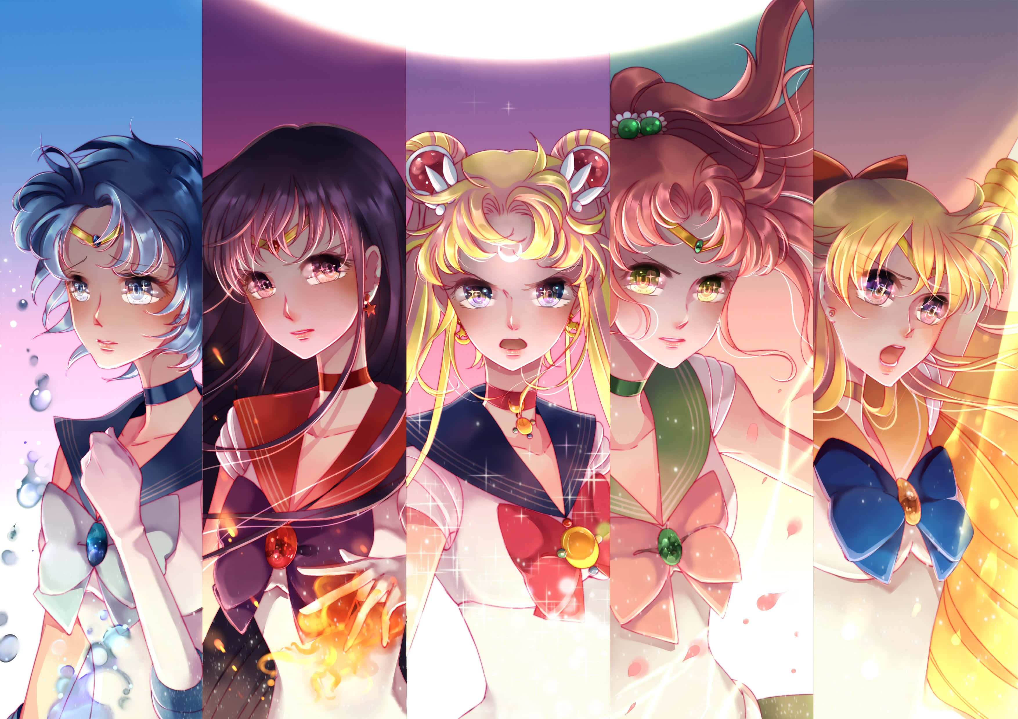 sailor jupiter 桌布 壁紙 — 五位動畫女主角穿著水手服，在閃爍效果和鮮豔色彩漸變的發光月亮下並排站立。
