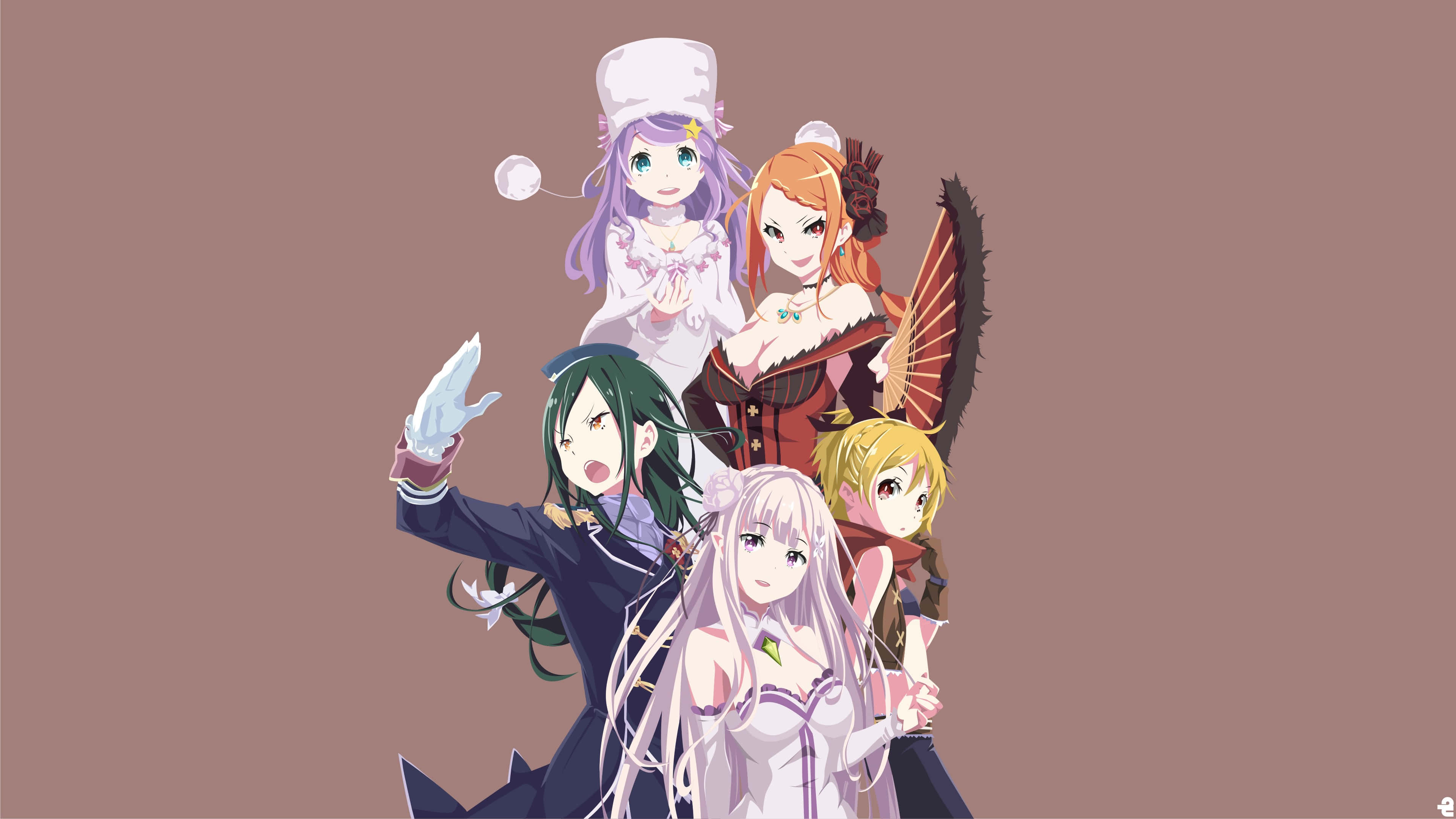 Anastasia Hoshin 桌布 壁紙 — 五位動畫女孩穿著不同的服裝，在純紫羅蘭色背景前開心地擺姿勢。