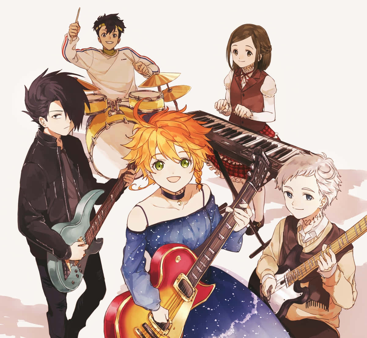 The Promised Neverland Don 桌布 壁紙 — 五位動畫樂隊成員結他、鼓和鍵盤在柔和粉彩背景前擺姿勢。