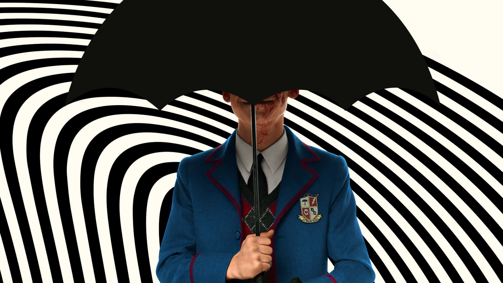 一個穿著藍色校服的學生，在旋轉的黑白背景下撐著一把黑色雨傘。