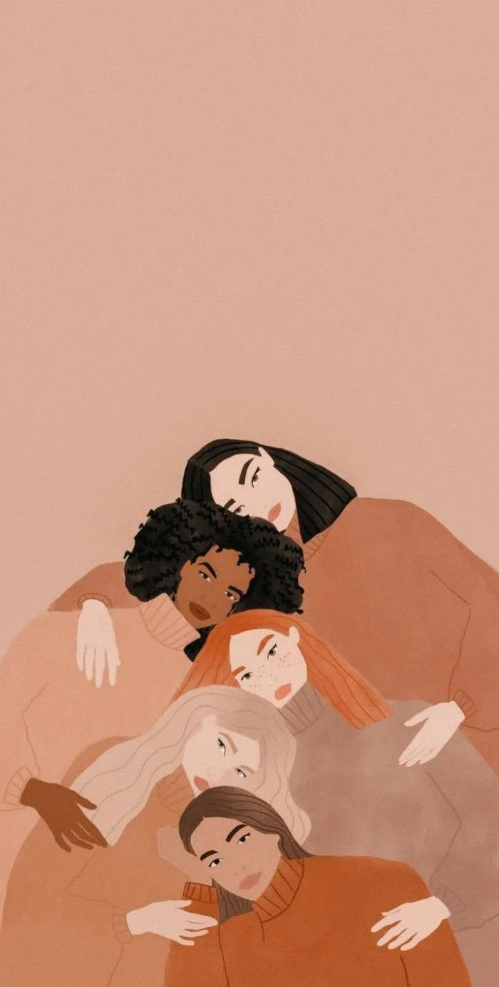 四位不同種族的女性在蜜桃色插圖中溫暖地擁抱。