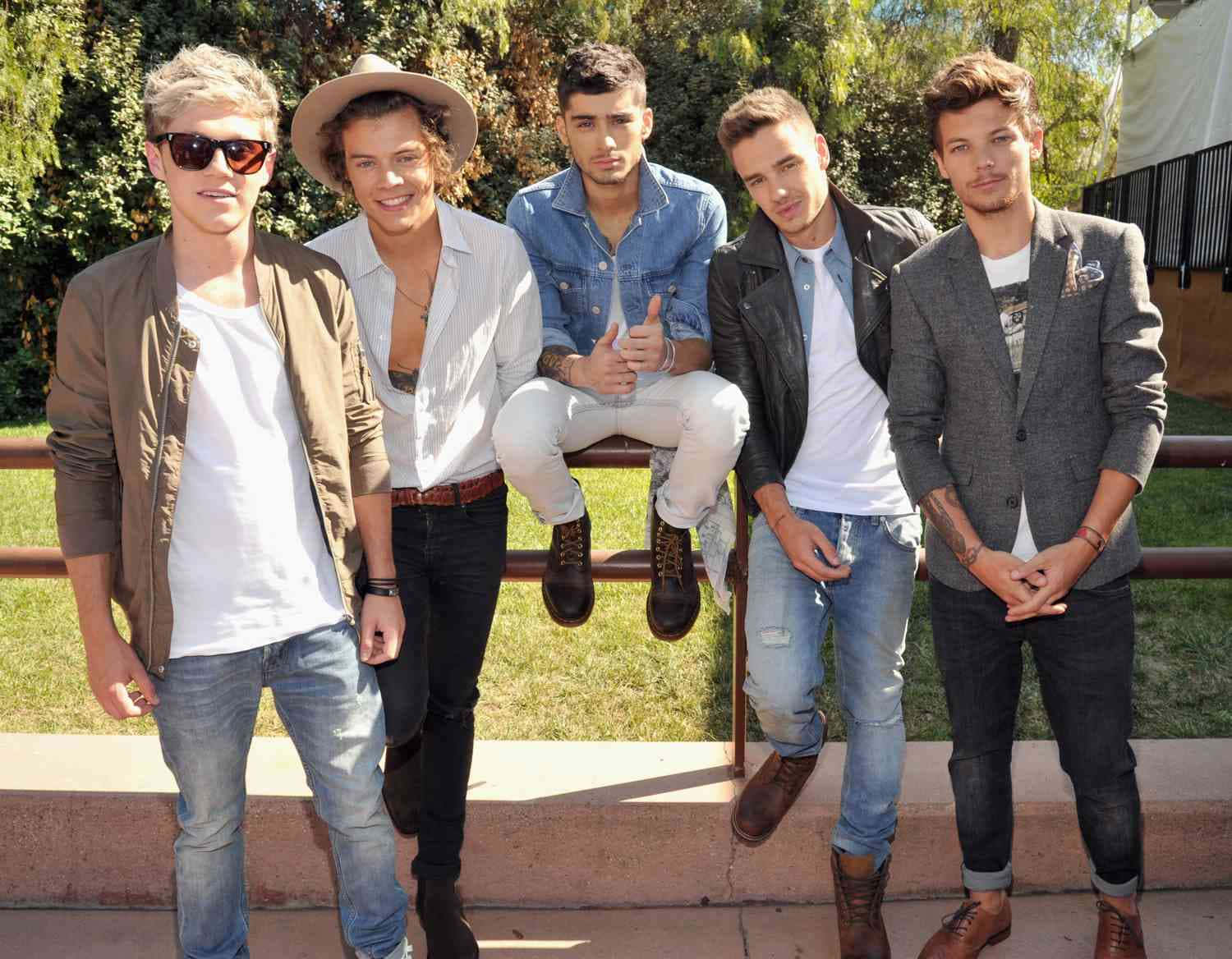 One Direction 桌布 壁紙 — 五位年輕男士穿著休閒服裝，在陽光明媚的日子裡於戶外擺姿勢，身後有綠植。
