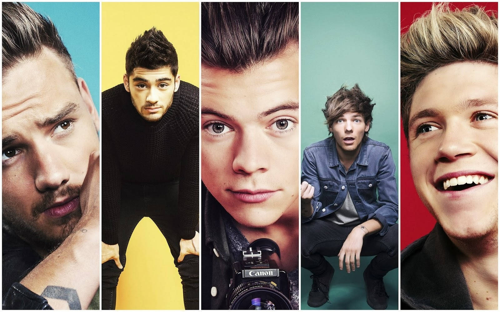 One Direction Aesthetic 桌布 壁紙 — 五位年輕男明星在色彩鮮豔的背景前擺姿勢，構成工作室肖像拼貼。