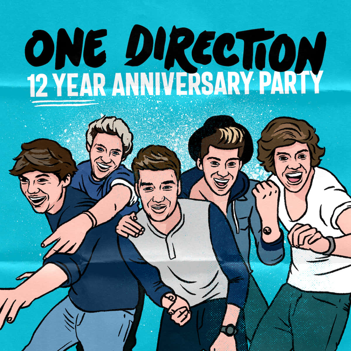 One Direction 桌布 壁紙 — 五位微笑的年輕男子穿著休閒服裝，在充滿活力的青綠色背景和慶祝文字前愉快地擺姿勢。
