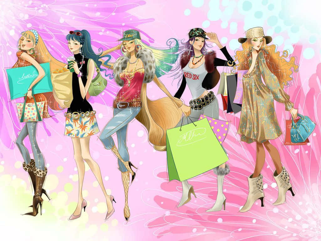 Clothing Design 桌布 壁紙 — 五位時尚動漫女孩，擁有色彩繽紛的頭髮和時尚服裝，自信地擺姿勢，手持購物袋，背景是充滿活力的粉紅色和紫色。