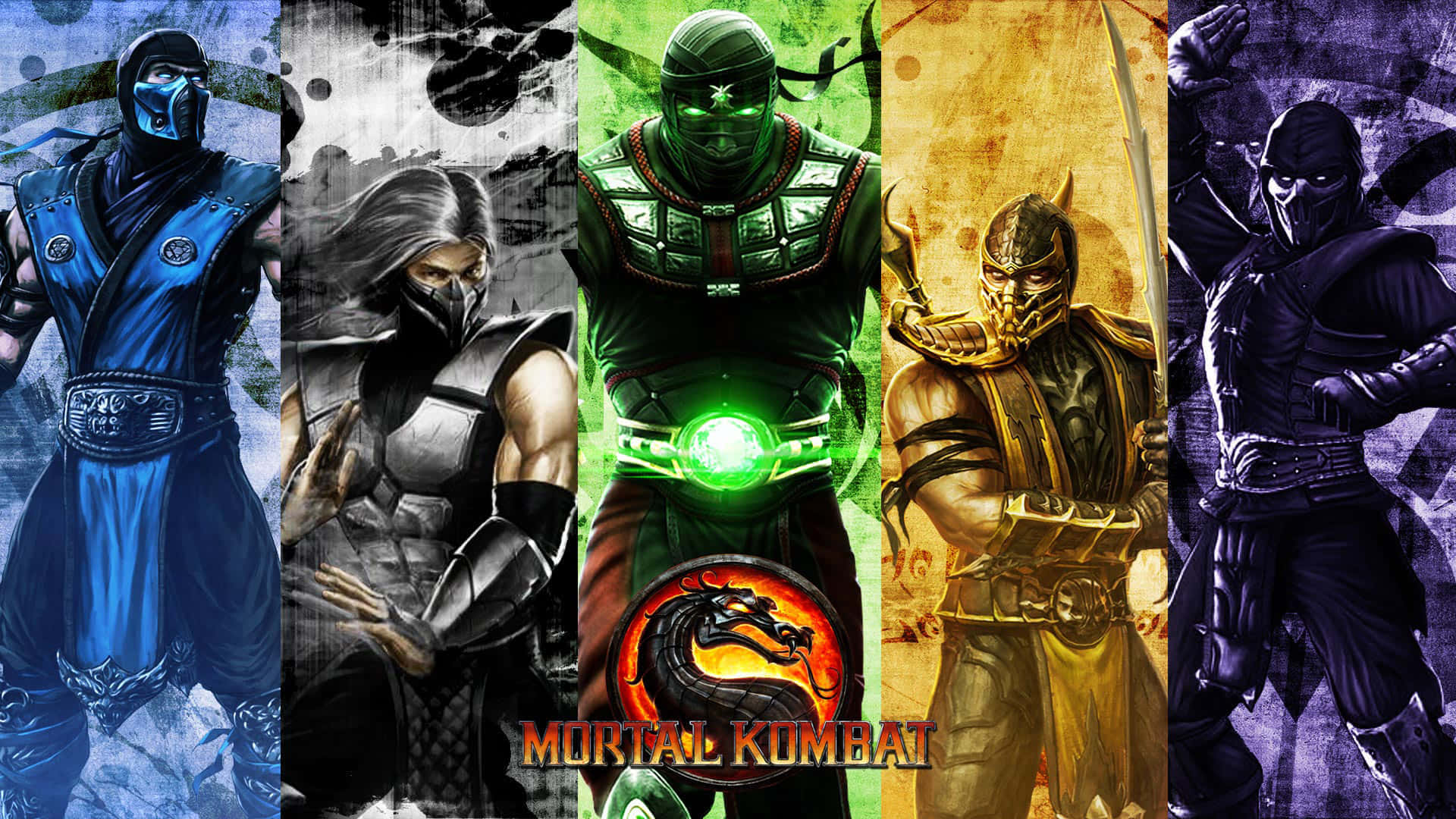 Mortal Kombat Legacy 桌布 壁紙 — 五位標誌性的《真人快打》戰士以鮮明、風格化的姿勢呈現，帶有發光效果和戲劇性背景。