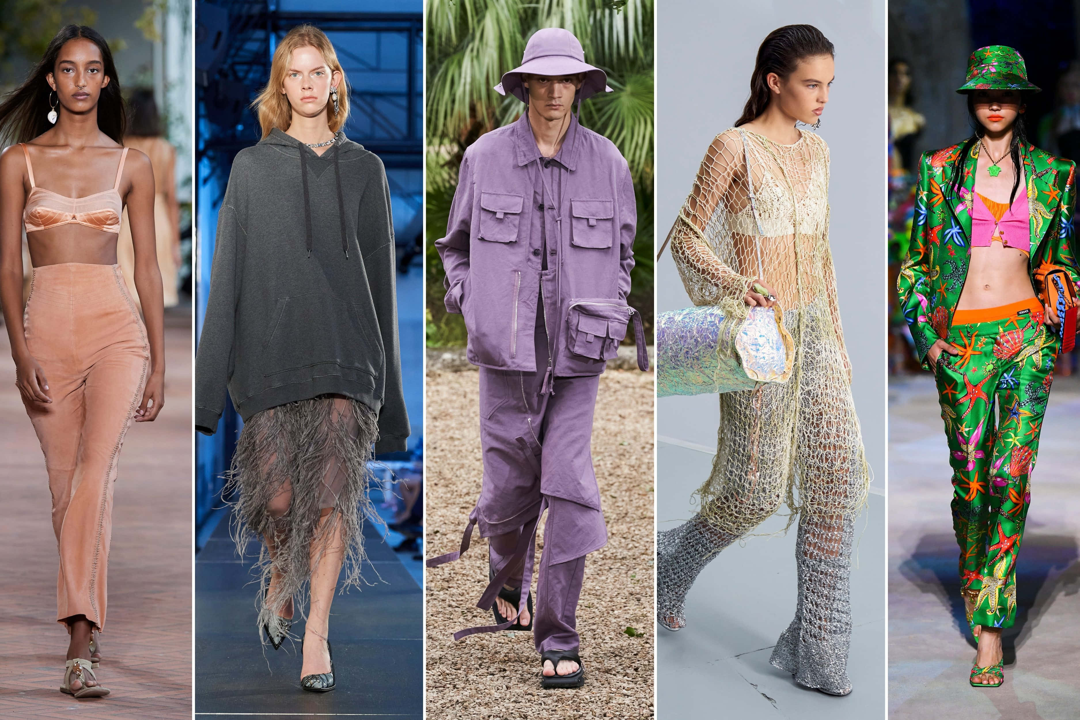 Spring Fashion 桌布 壁紙 — 五位模特兒自信地走過天橋，展示從桃色天鵝絨到迷幻綠色印花的先鋒服裝。