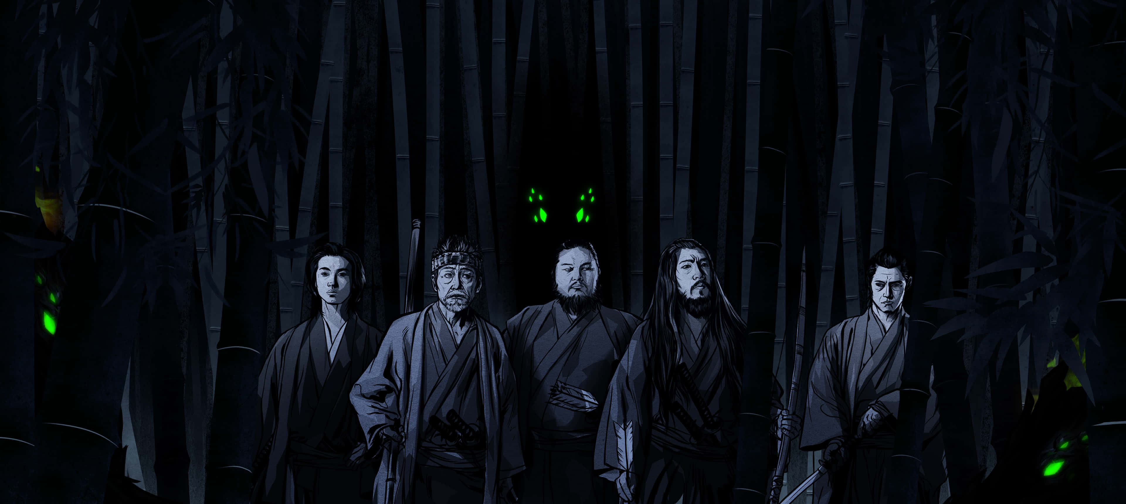 47 Ronin 桌布 壁紙 — 五位武士站在黑暗的竹林裡，發光的綠色眼睛從陰影中注視著。
