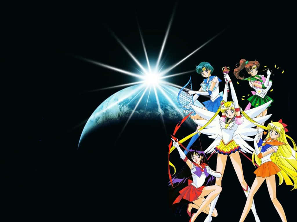 美少女戰士和她的朋友們在太空中，地球和明亮的星爆在他們身後。