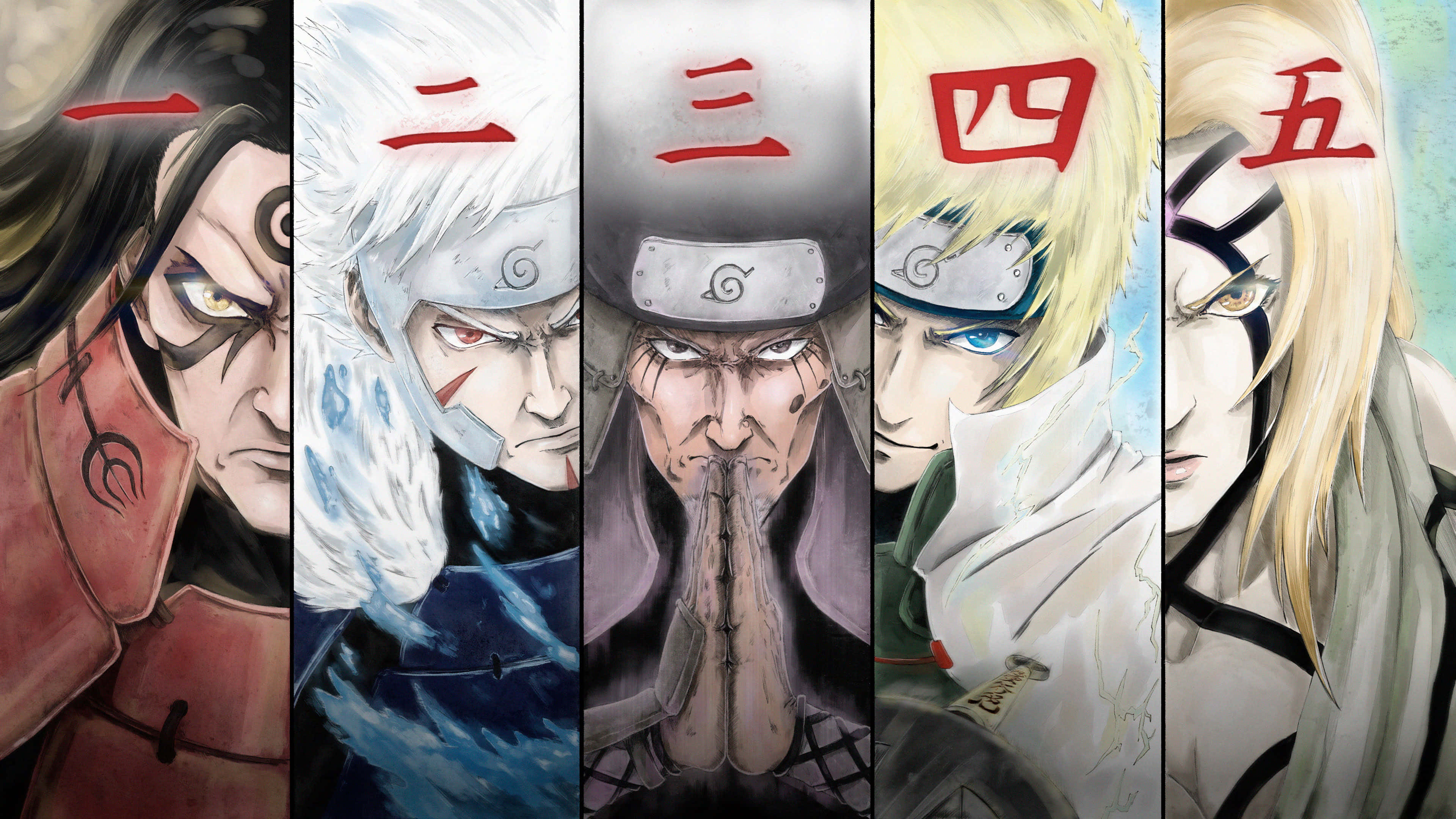 tobirama senju 桌布 壁紙 — 五位激烈的動畫忍者戰士並肩而立，每人身上標有紅色漢字數字一至五，形成戲劇性的垂直排列。
