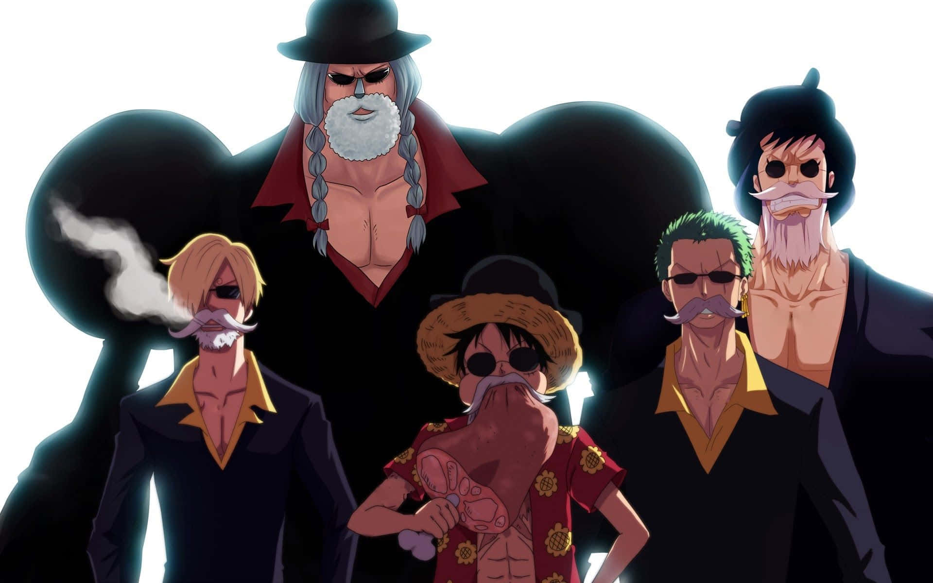 Dressrosa 桌布 壁紙 — 五位留鬍鬚、戴太陽眼鏡的動畫海盜，自信地站在明亮的白色背景前。