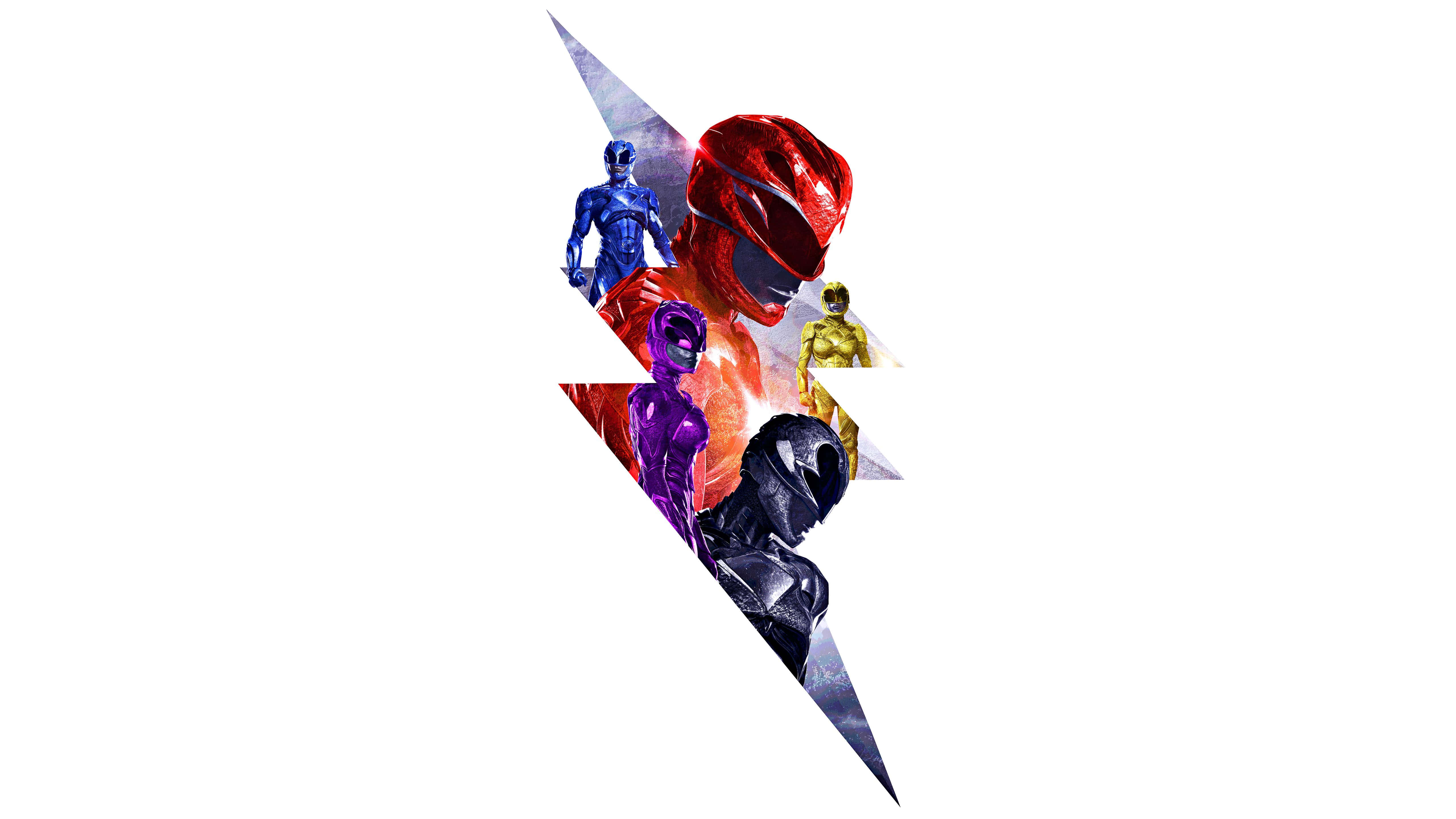 Power Rangers 桌布 壁紙 — 五位穿著鮮豔服裝的Power Rangers在白色背景上形成一個動態的閃電形狀。