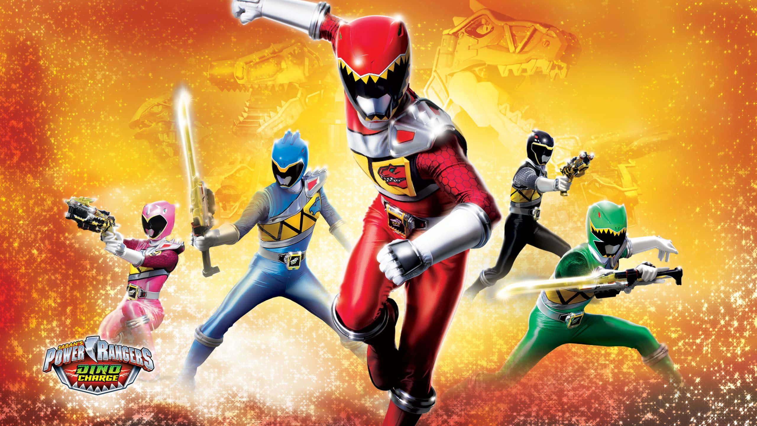 Power Rangers 桌布 壁紙 — 五位穿著鮮豔服裝的恐龍戰隊在帶有恐龍剪影的熾熱橙色和黃色背景前擺出英雄姿勢。