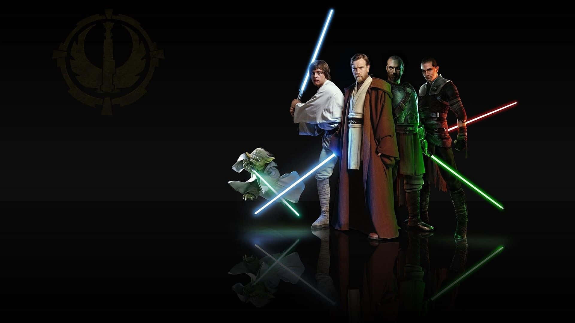 Cool Star Wars 桌布 壁紙 — 五位絕地武士站在黑暗的房間中，手持發光的光劍，地板上可見他們的倒影。