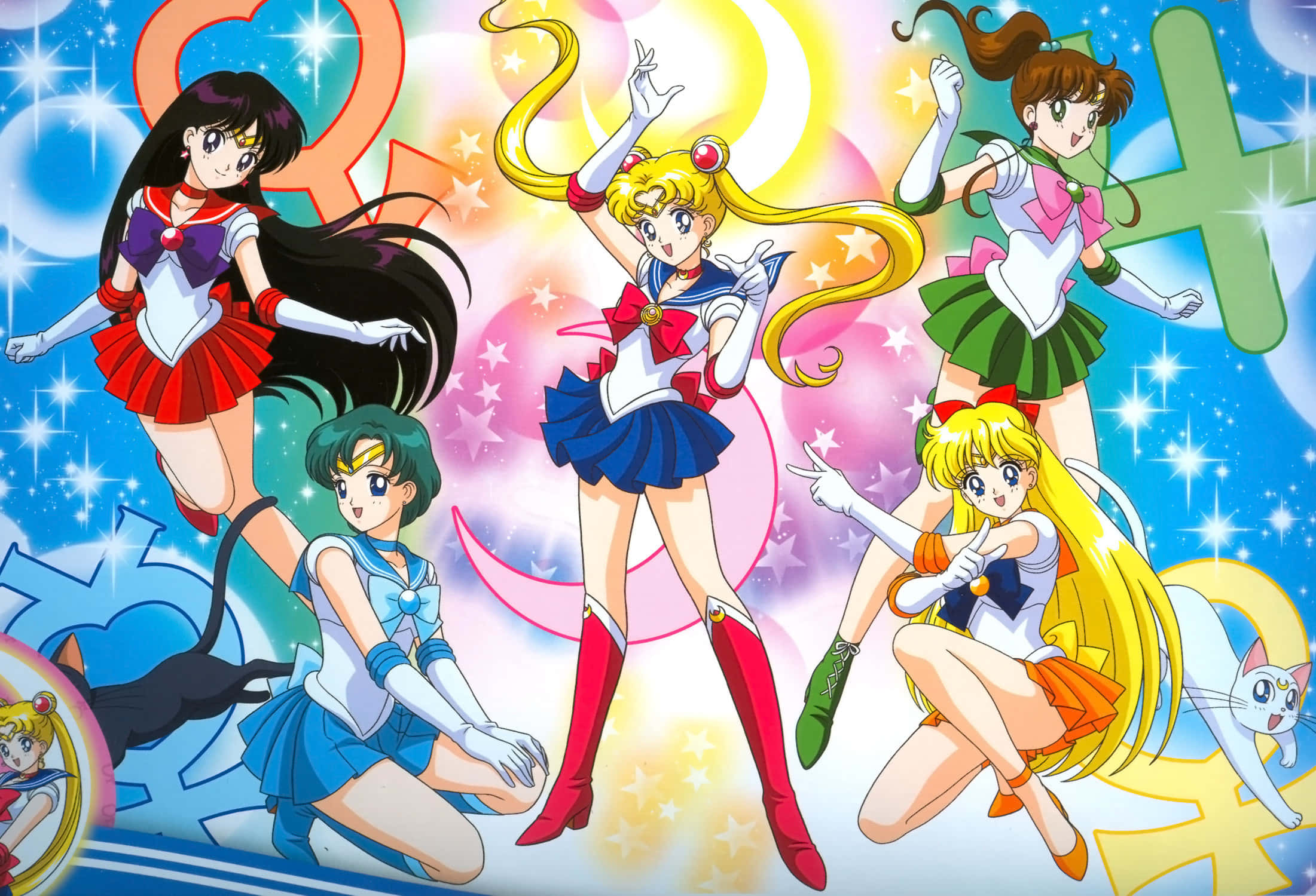 sailor jupiter 桌布 壁紙 — 五位美少女戰士角色穿著色彩繽紛的水手服，在閃爍的宇宙背景中，伴隨著星星和發光符號，動感地擺出姿勢。