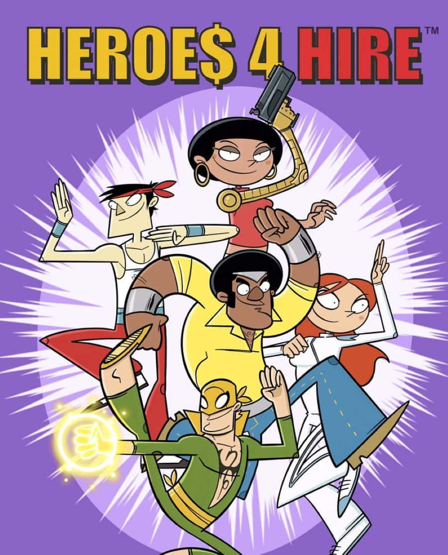 Heroes For Hire 桌布 壁紙 — 五位色彩繽紛服裝的動畫英雄在紫色背景上擺出動感姿勢，背景帶有放射狀白線。