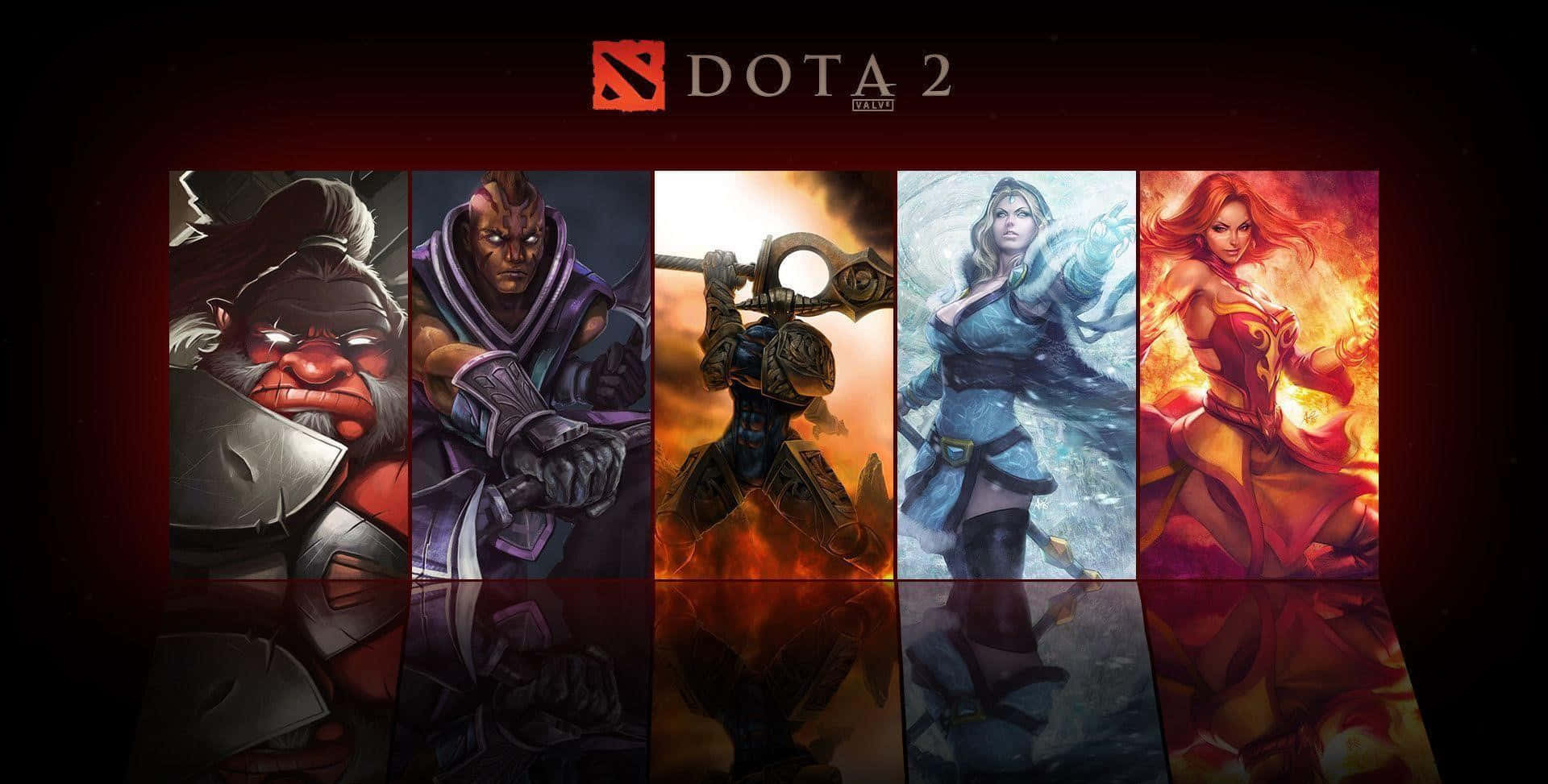 Dota 桌布 壁紙 — 五位英勇的 Dota 2 角色站在戲劇性的垂直面板上，背景為深紅色，帶有火焰和冰霜效果。