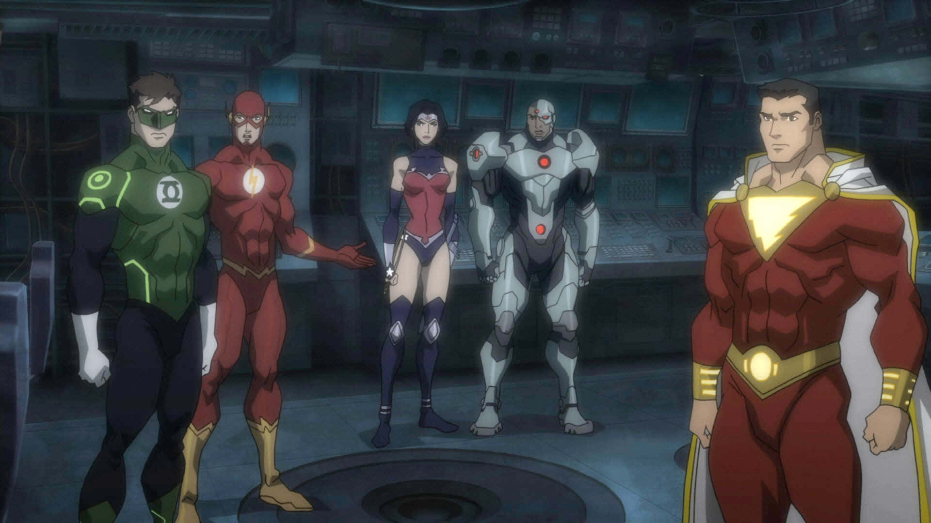 Justice League Throne Of Atlantis 桌布 壁紙 — 五位超級英雄角色站在一個高科技控制室中，周圍有發光的屏幕和金屬表面。