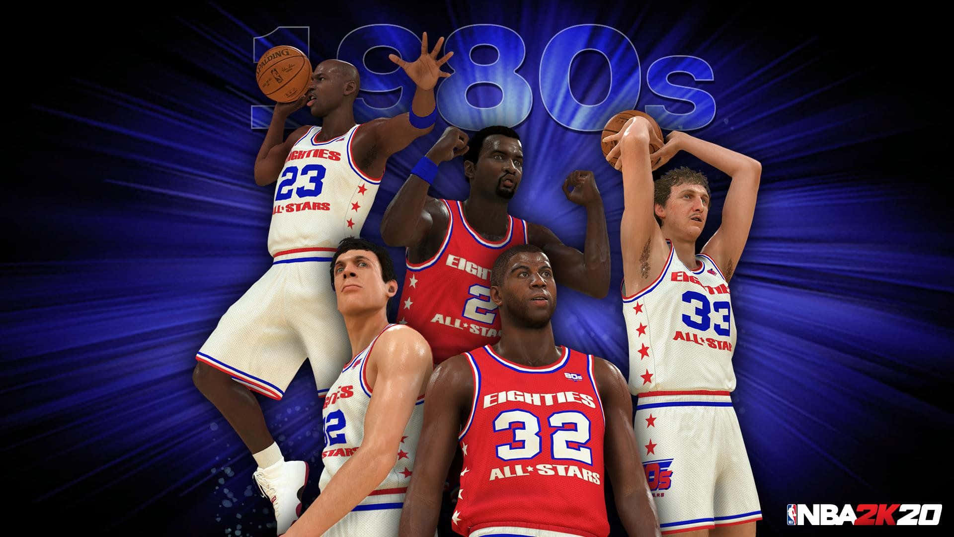 NBA 2k20 桌布 壁紙 — 五位身穿1980年代全明星球衣的籃球運動員，在帶有'1980s'文字的發光藍色放射背景前動態擺姿勢。