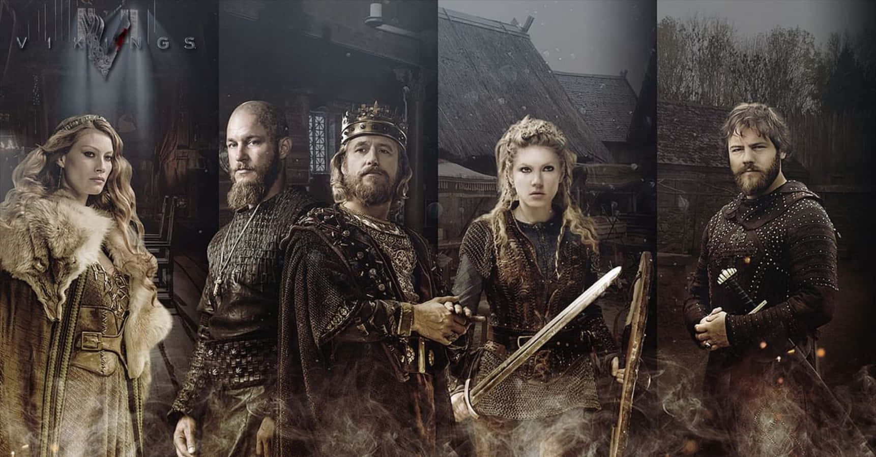 Vikings 桌布 壁紙 — 五位身穿中世紀盔甲的維京戰士和皇室成員，在煙霧繚繞的鄉村背景下，以戲劇性的燈光莊嚴站立。