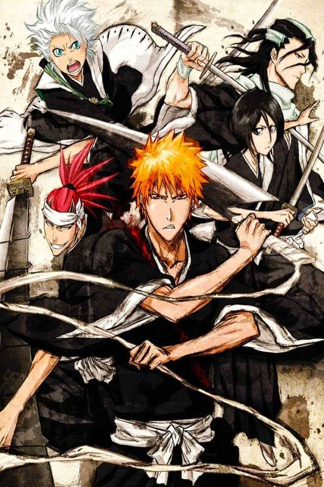Bleach iPhone 桌布 壁紙 — 五位身穿傳統服飾的動漫戰士在動態戰鬥場景中揮劍交鋒，伴隨濺墨效果。