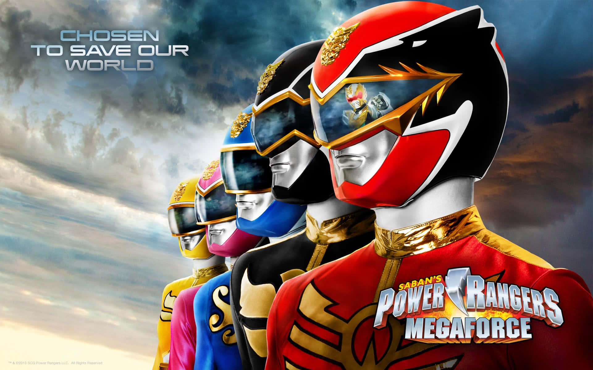 Power Rangers 桌布 壁紙 — 五位身穿彩色盔甲的恐龍戰隊在戲劇性燈光下英勇地站在暴風雨的天空前。