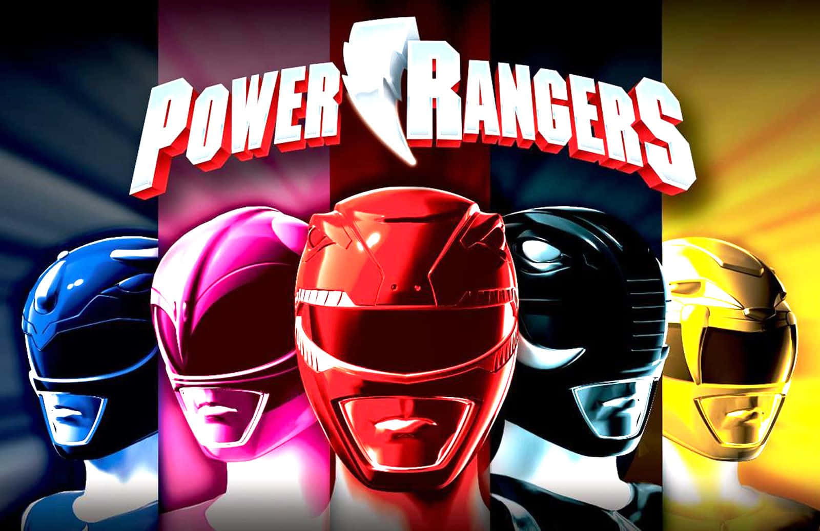 Power Rangers 桌布 壁紙 — 五位身穿標誌性頭盔的恐龍戰隊英雄地站在鮮豔的漸變背景前，上方有標題標誌。