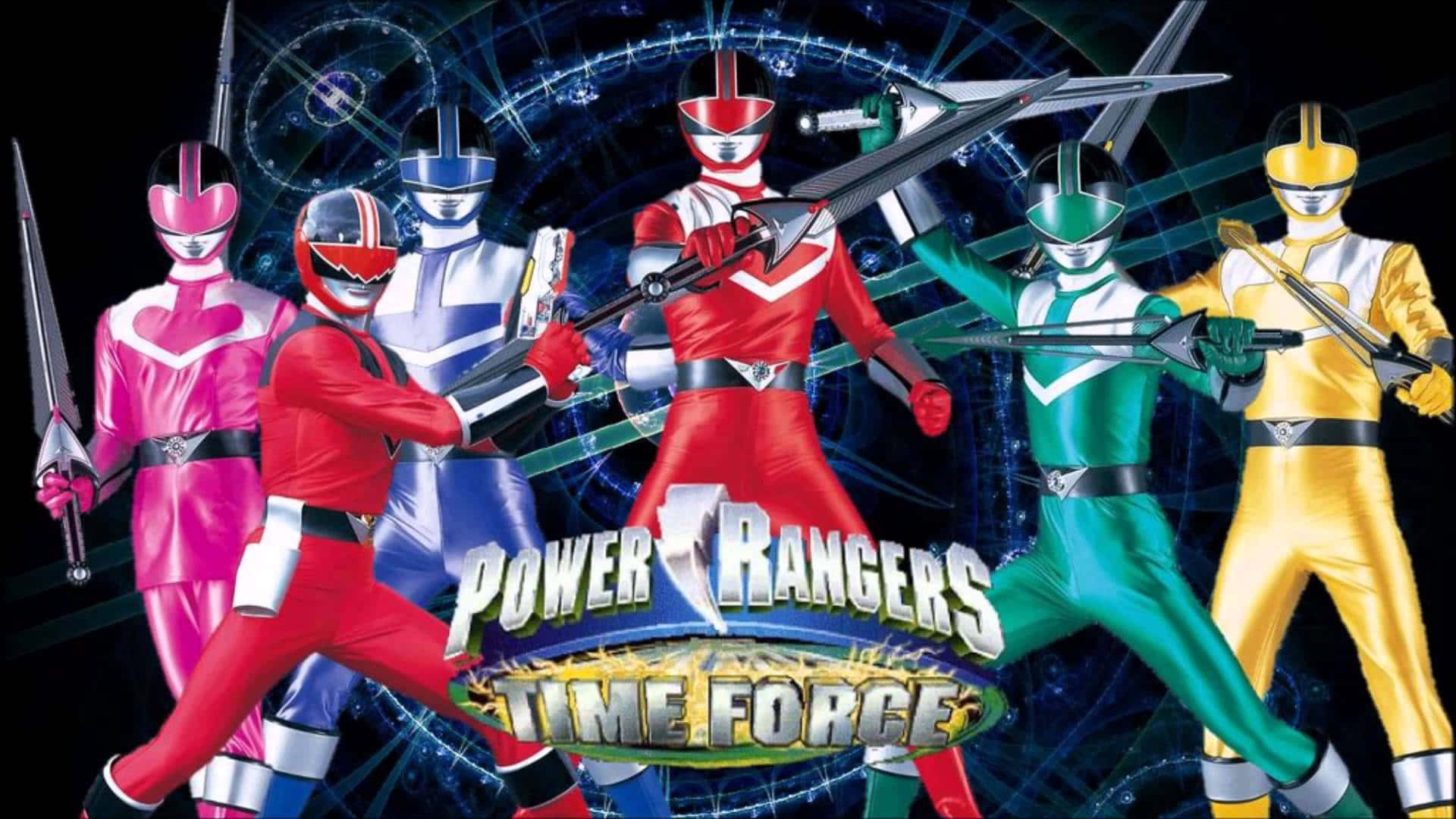 Power Rangers 桌布 壁紙 — 五位身穿粉紅、紅、藍、綠和黃色戰衣的恐龍戰隊，在宇宙時間漩渦背景下，手持劍擺出英勇姿勢。