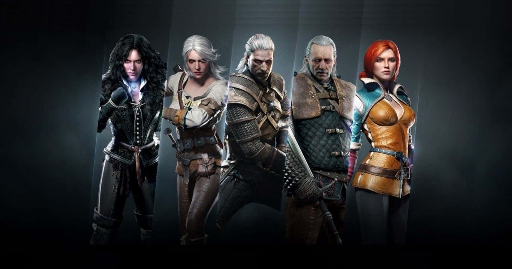 The Witcher Characters 桌布 壁紙 — 五位身穿精細盔甲的奇幻戰士站在黑暗的攝影棚中，戲劇性的燈光凸顯他們堅定的表情。