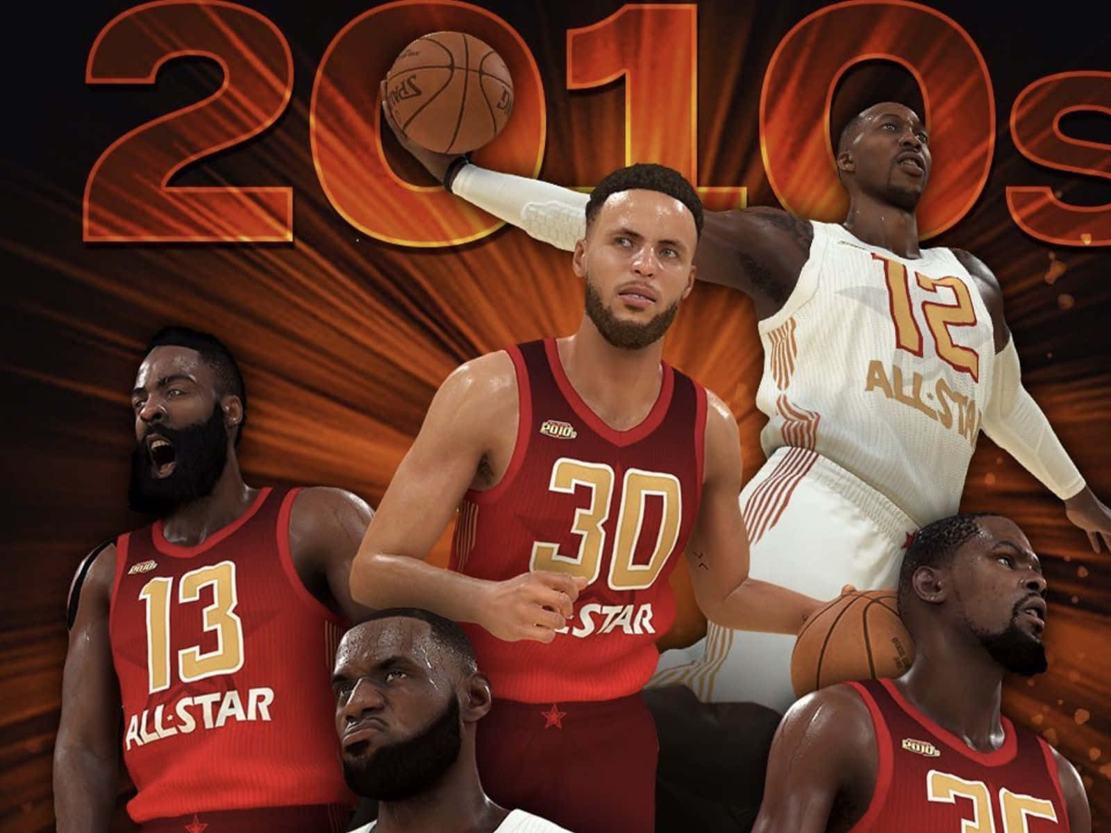 NBA 2k20 桌布 壁紙 — 五位身穿紅白球衣的NBA全明星籃球運動員在火熱的橙色2010年代背景下動態擺姿勢。