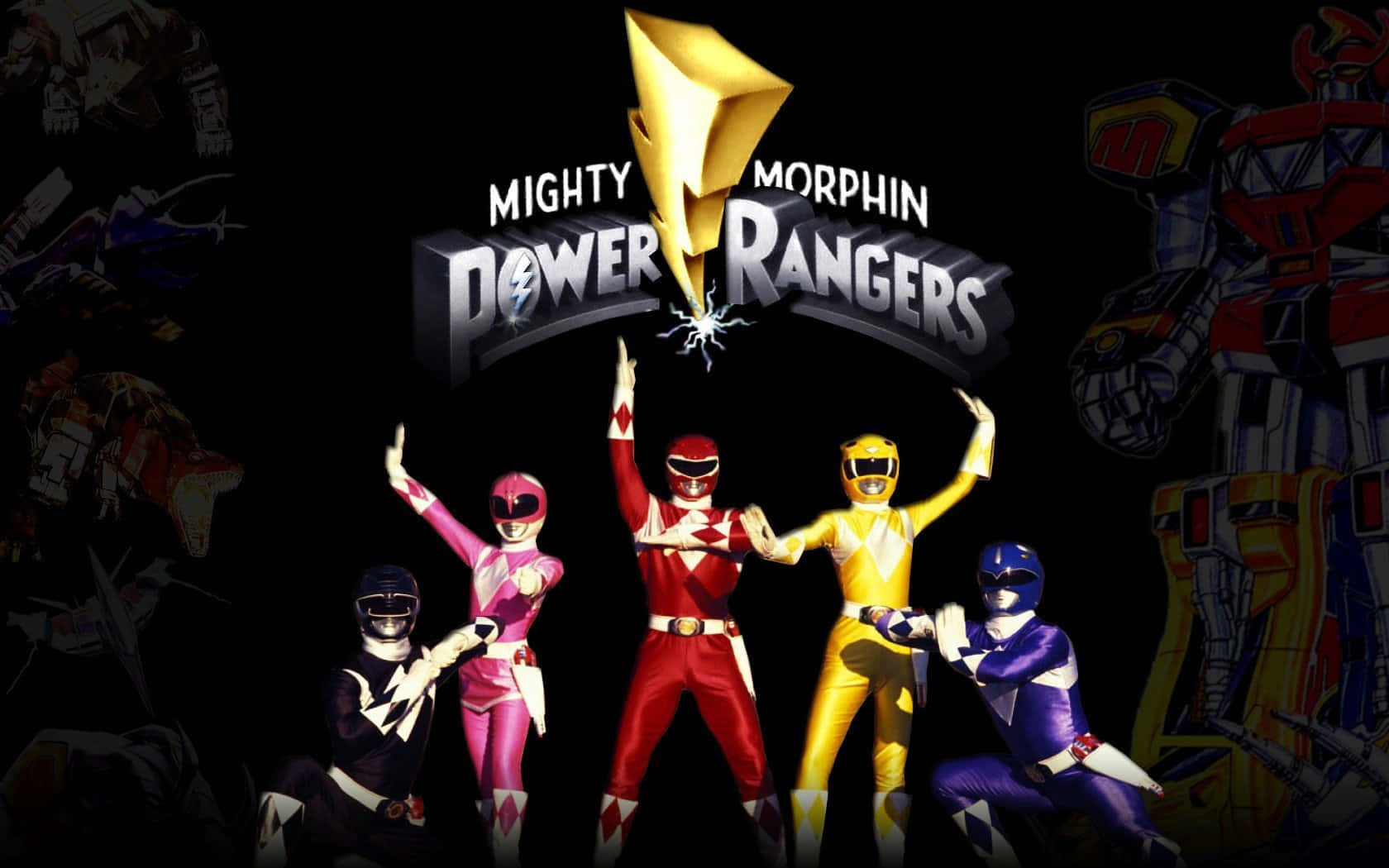 Power Rangers 桌布 壁紙 — 五位身穿紅色、粉紅色、黃色、藍色和黑色戰衣的恐龍戰隊在Mighty Morphin Power Rangers標誌下，於深色背景前英勇地擺出姿勢。