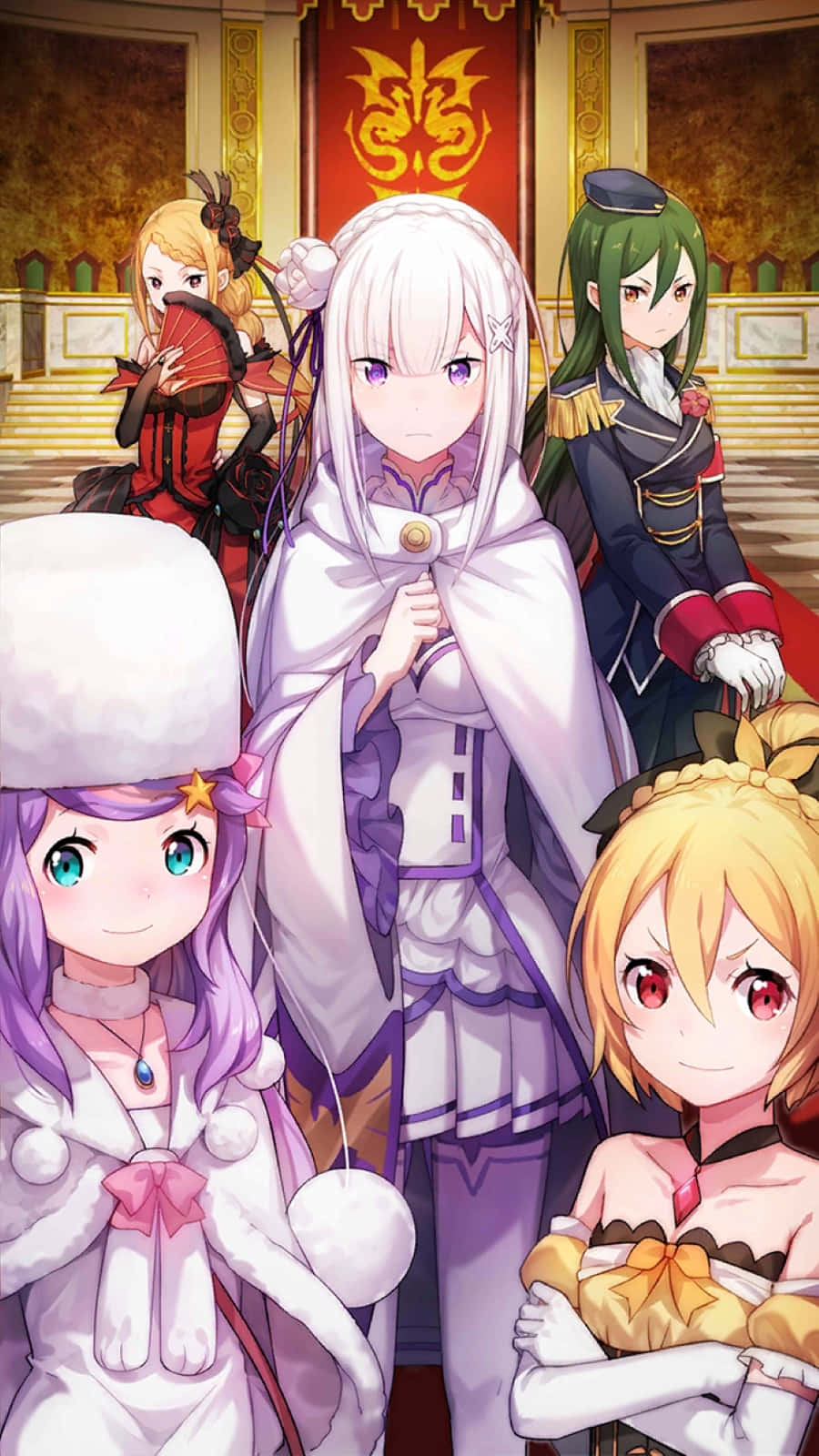 Anastasia Hoshin 桌布 壁紙 — 五位身穿華麗服裝的動漫女孩站在一個金色裝飾和紅色橫幅的大廳裡。