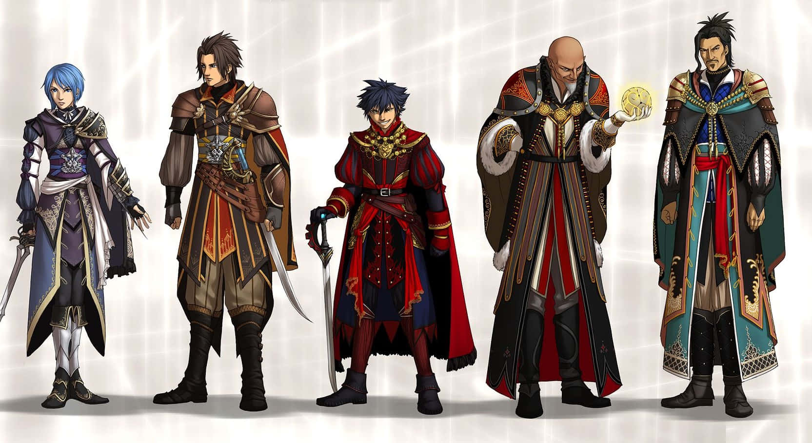Kingdom Hearts Xehanort 桌布 壁紙 — 五位身穿華麗盔甲和斗篷的奇幻戰士，在明亮的漸變背景前蓄勢待發。