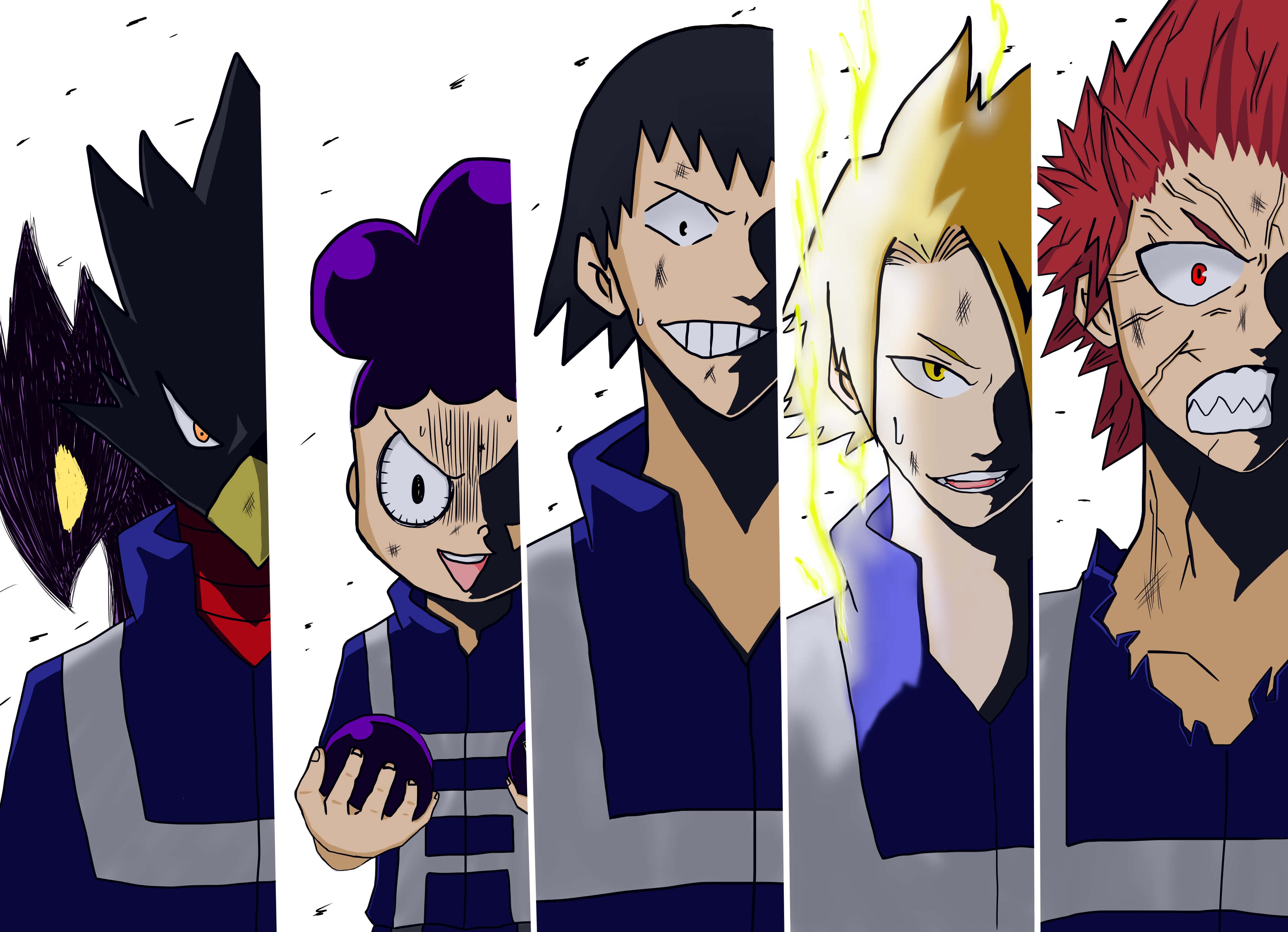 Fumikage Tokoyami 桌布 壁紙 — 五位身穿藍色制服的動漫英雄站成一排，表情強烈，姿勢充滿動感。
