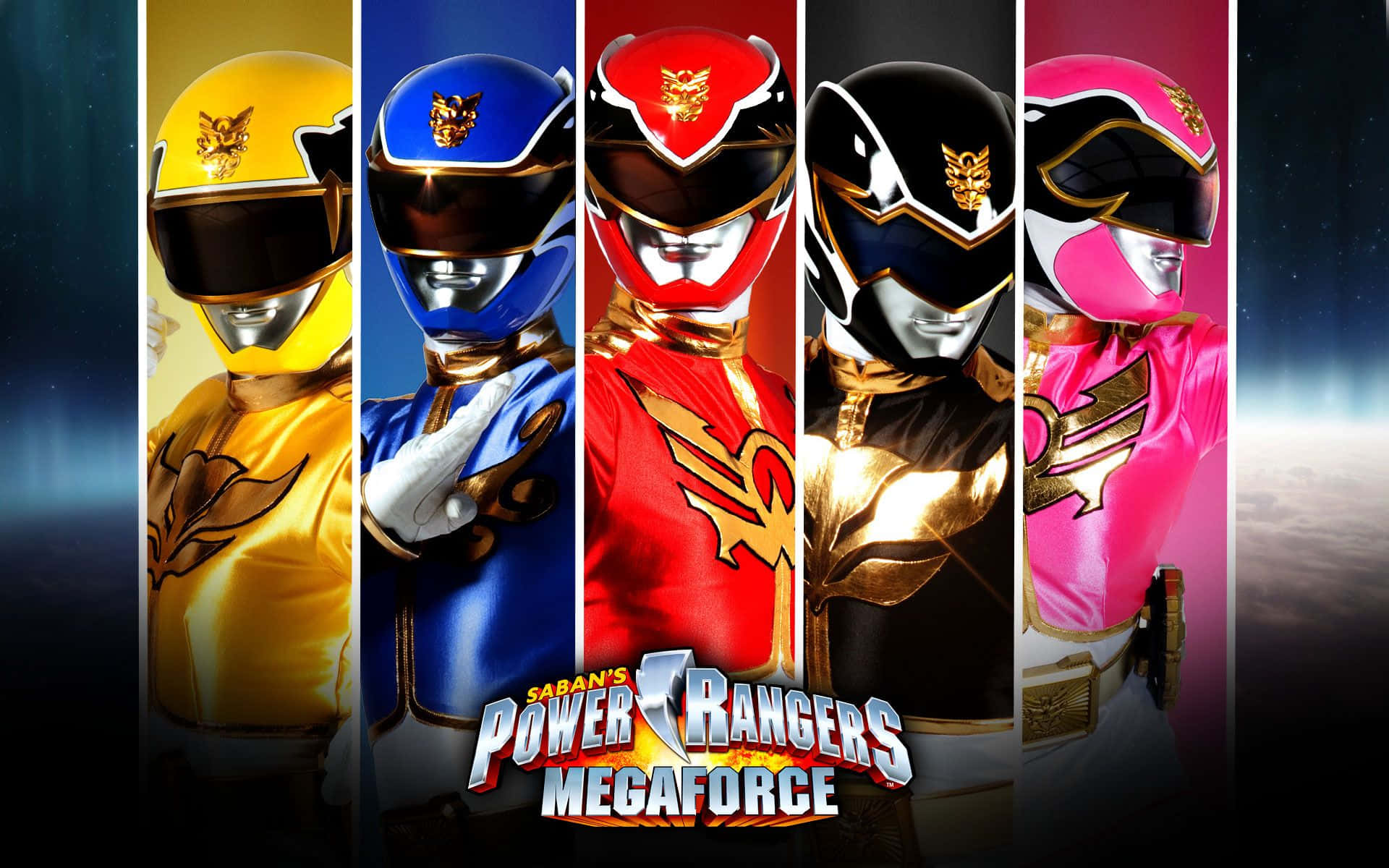 Power Rangers 桌布 壁紙 — 五位身穿黃、藍、紅、黑、粉紅戰衣的Power Rangers並肩而立，背景是宇宙星空。