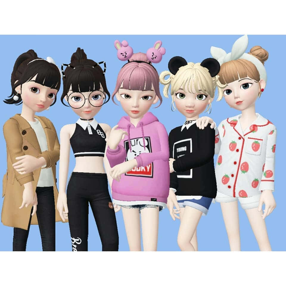 Zepeto 桌布 壁紙 — 五位風格化的動漫女孩穿著時尚服裝，在純藍色背景前一起擺姿勢。