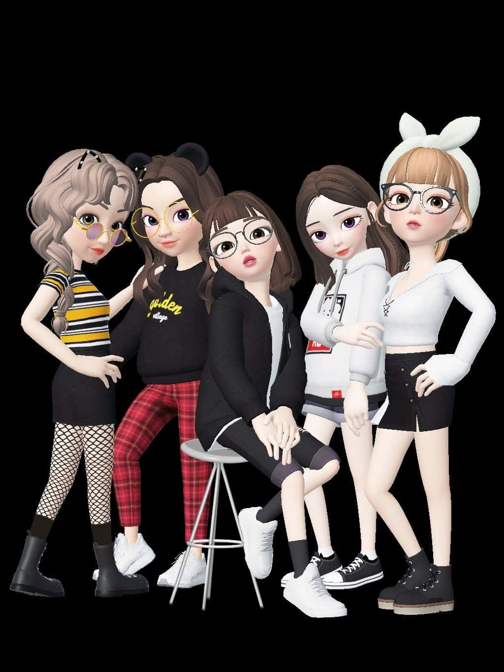 Zepeto 桌布 壁紙 — 五位風格化的動畫女孩穿著時尚服裝，在黑色背景前自信地擺姿勢。