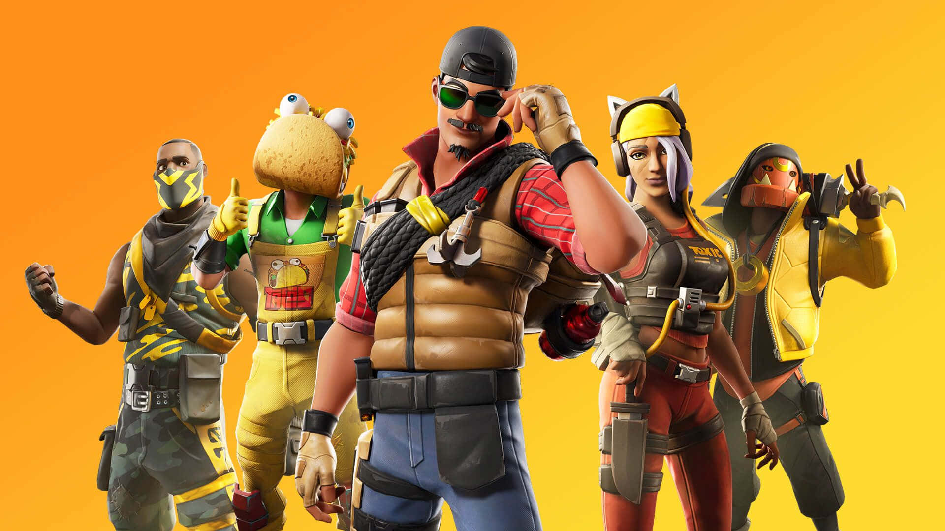 Fortnite Skins Battle Royale 桌布 壁紙 — 五個Fortnite角色身穿色彩繽紛的服裝，在充滿活力的橙色背景前自信地擺姿勢。