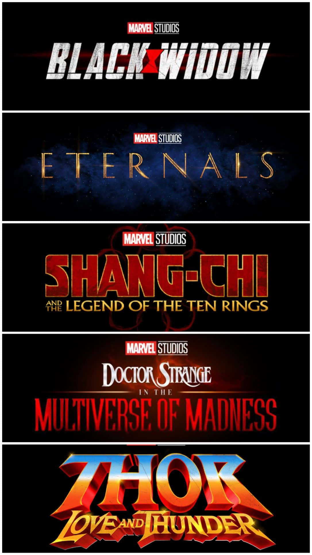 Mcu Phase Four 桌布 壁紙 — 五個Marvel Studios電影標題垂直堆疊，使用粗體風格字體，背景為深色。