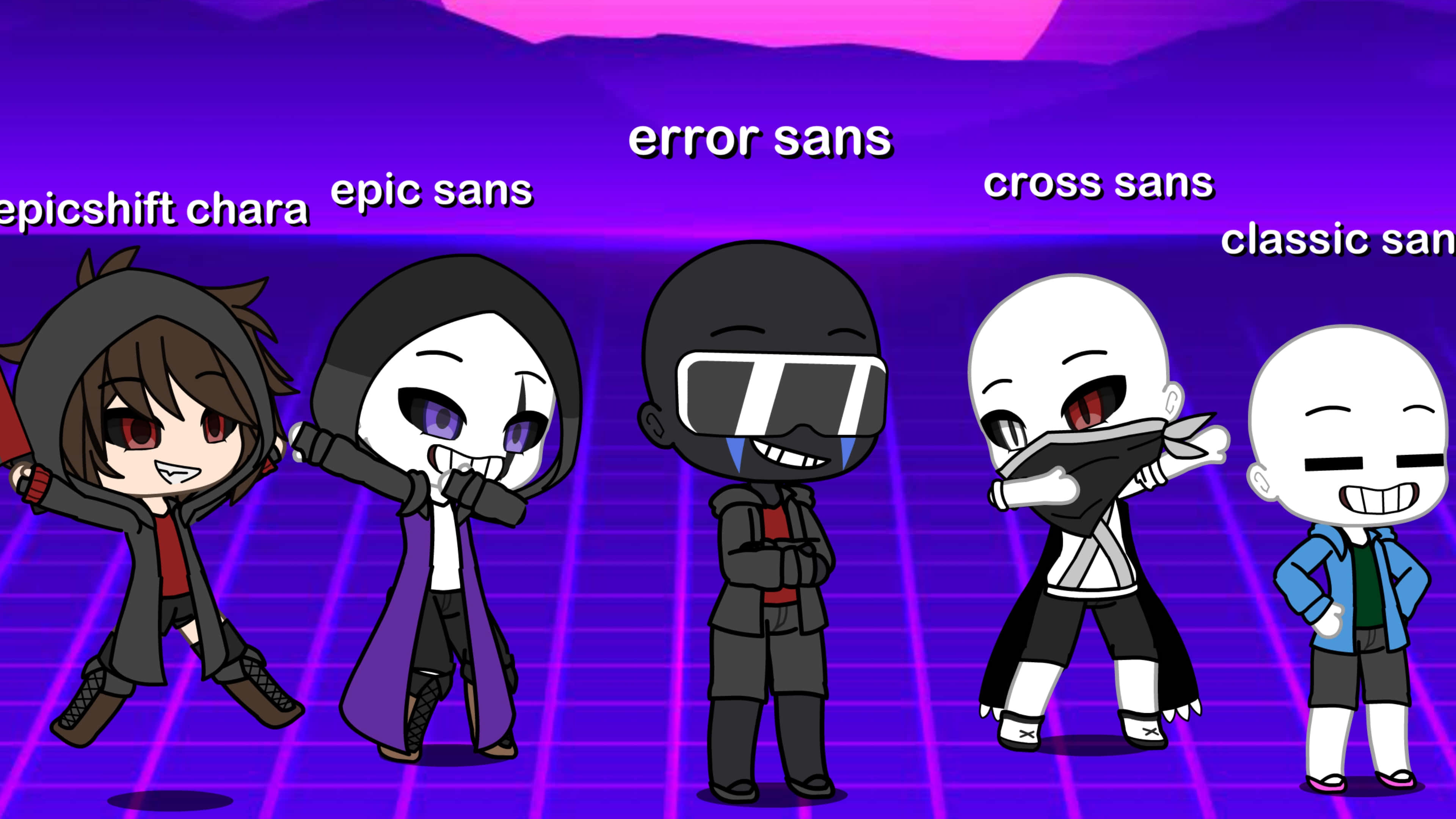 sans 桌布 壁紙 — 五個Q版Sans角色自信地擺姿勢，背景是發光的紫色網格和山脈輪廓。