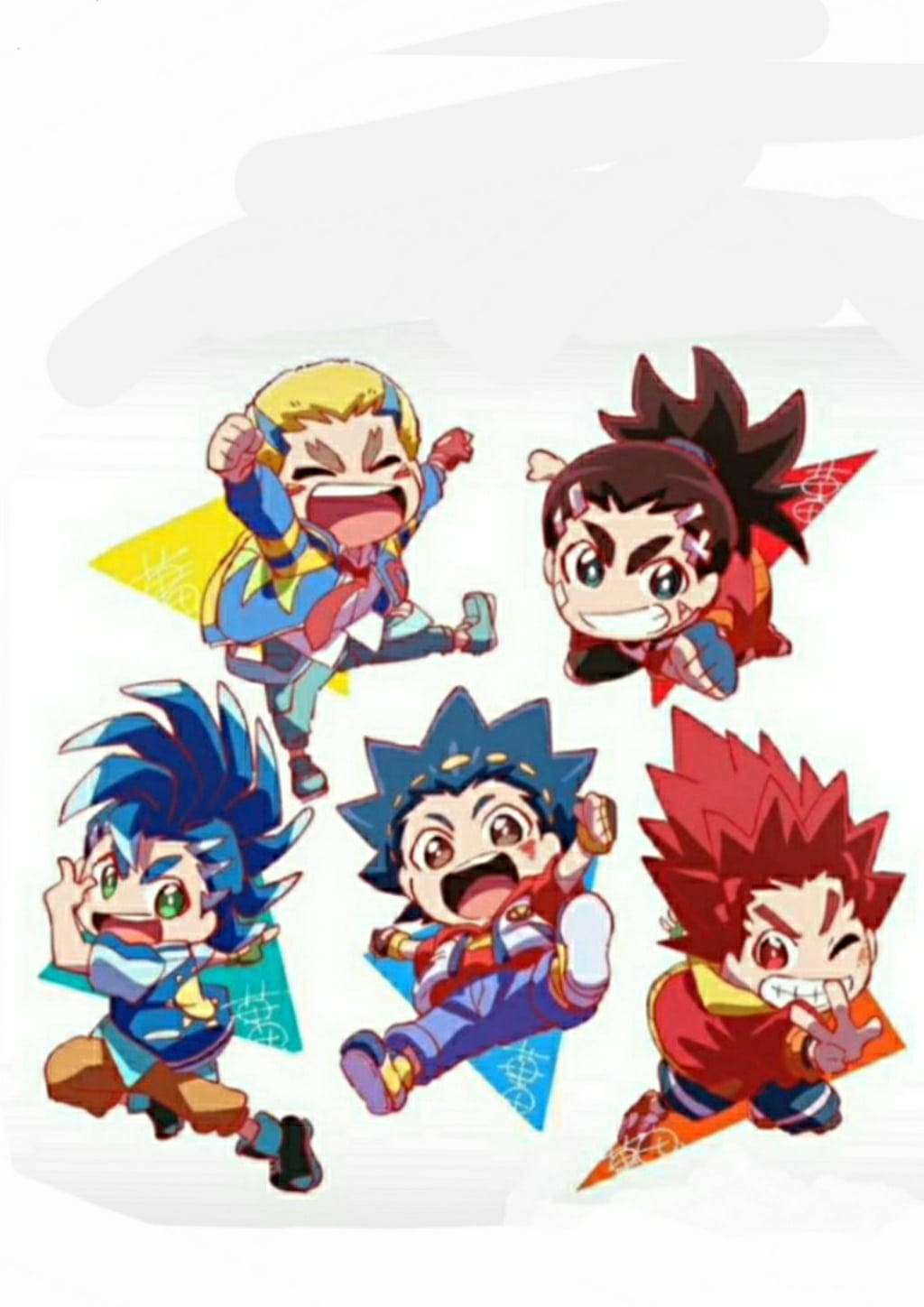 Beyblade 桌布 壁紙 — 五個Q版動漫角色以動態姿勢呈現，搭配色彩繽紛的三角形背景和富有表情的臉孔。
