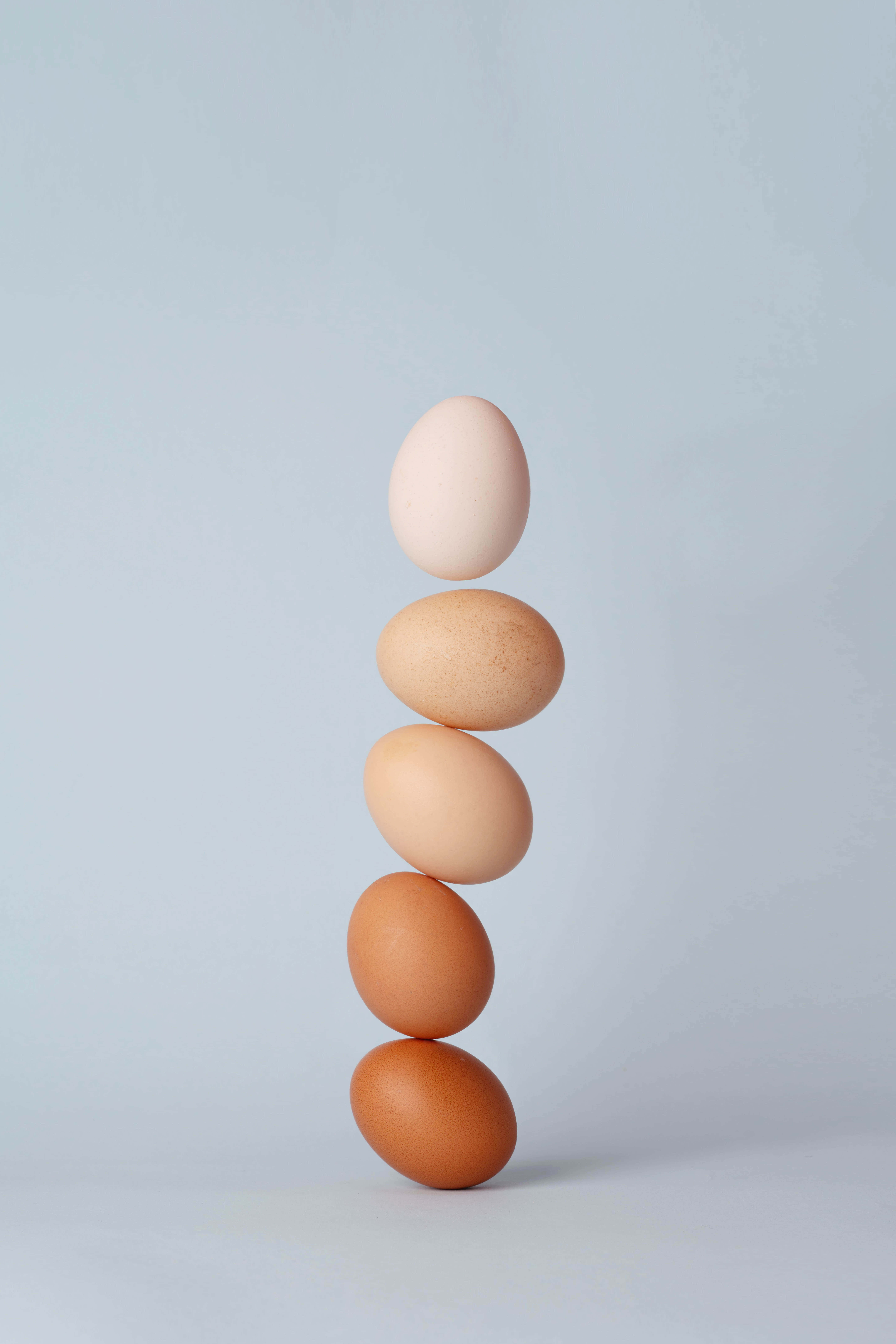 Egg 桌布 壁紙 — 五個不同深淺米色和棕色的雞蛋在柔和的灰色背景上垂直堆疊，達到完美平衡。