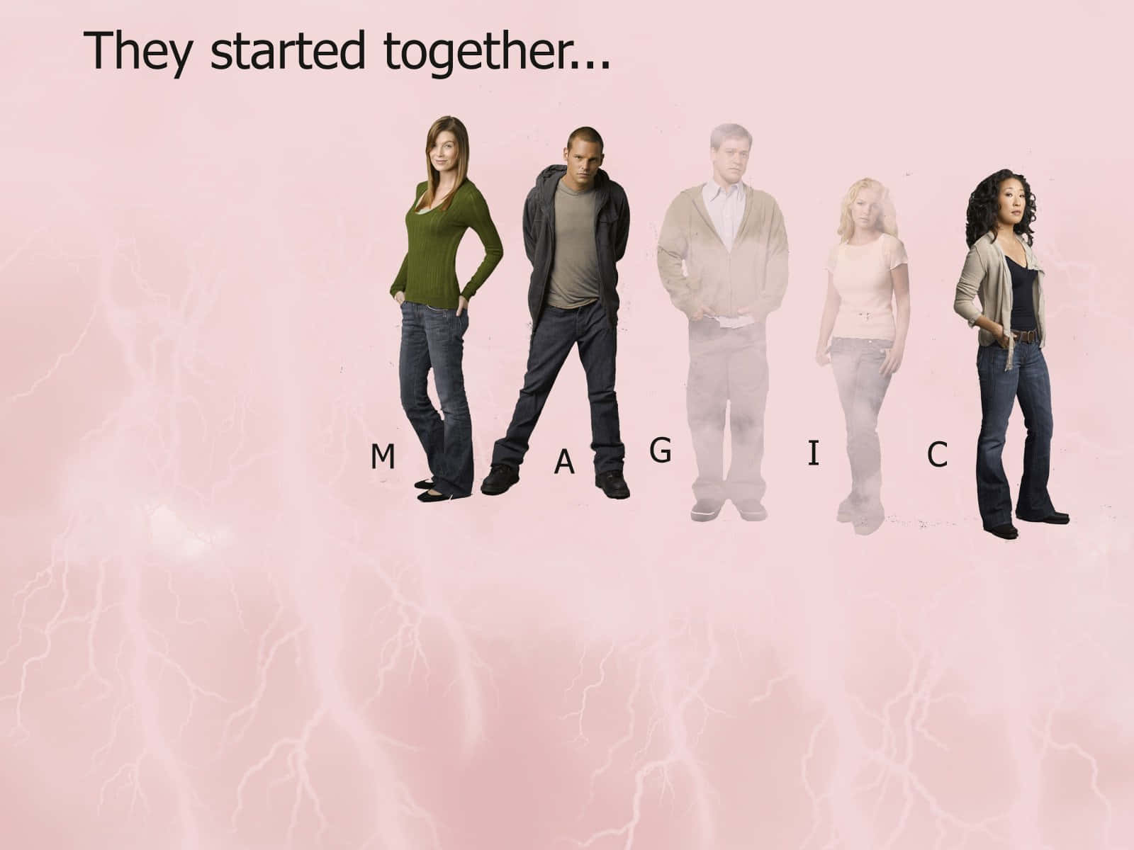 Grey's Anatomy 桌布 壁紙 — 五個人企成一排，背景係粉紅色，閃電喺佢哋下面形成 magic 呢個字。