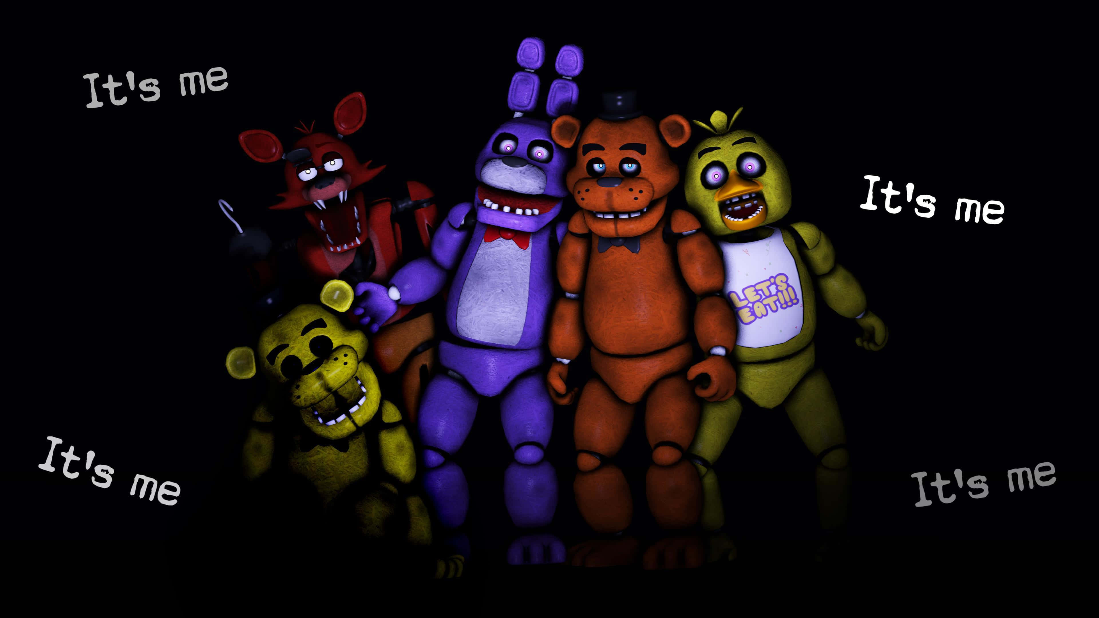 Animatronics 桌布 壁紙 — 五個來自《Five Nights at Freddy's》的電子動畫角色在黑色背景上威嚇地站立，周圍漂浮著「It's me」文字。