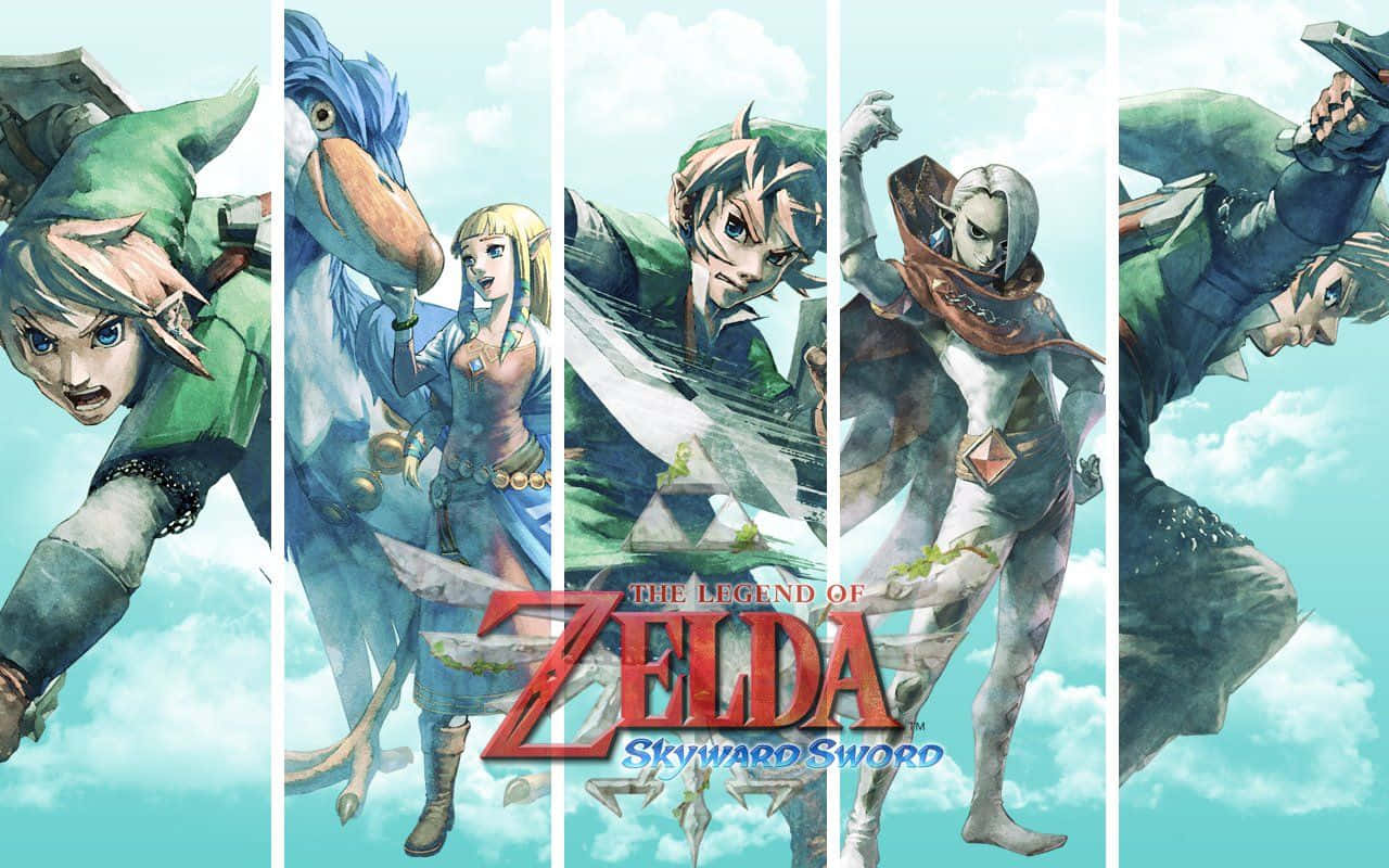 The Legend Of Zelda Skyward Sword 桌布 壁紙 — 五個來自薩爾達傳說 天空之劍的動態動漫角色在明亮的天空中跳躍，雲朵和遊戲標題居中。