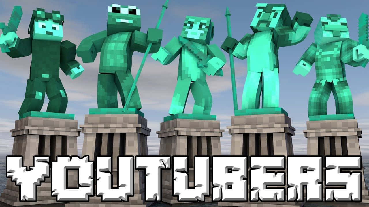 Minecraft Youtubers 桌布 壁紙 — 五個像素化綠色喪屍雕像矗立在石製底座上，下方有「YOUTUBERS」文字。