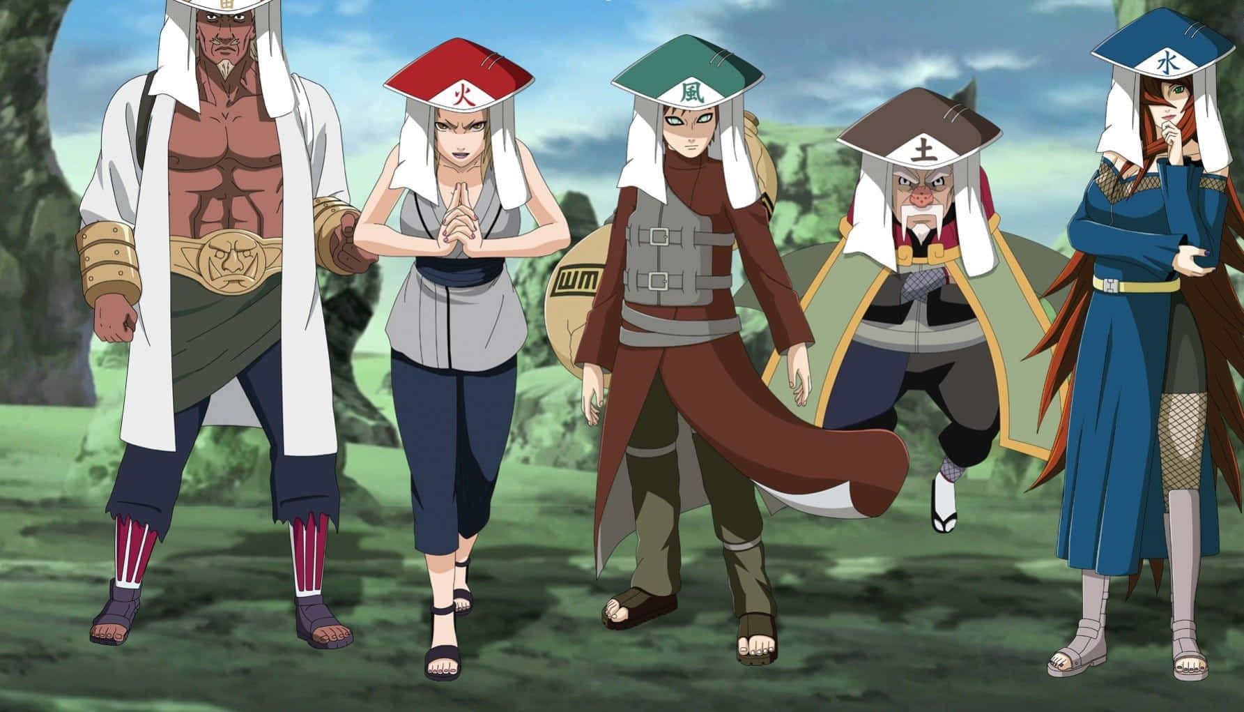 Five Kage Summit 桌布 壁紙 — 五個動漫忍者戴著元素頭帶和戰鬥服，在森林背景下排成一排。