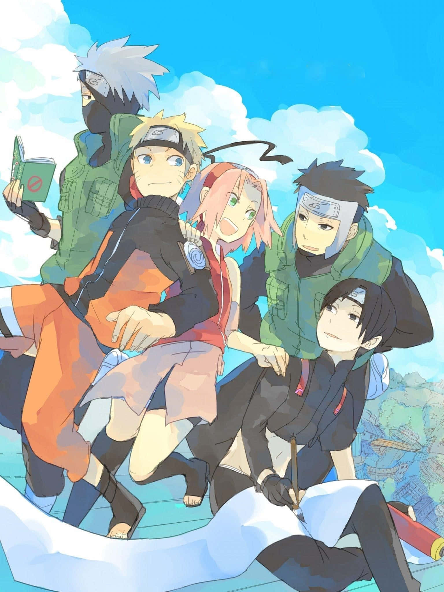 Naruto's Friend 桌布 壁紙 — 五個動漫忍者角色在晴朗藍天和蓬鬆白雲下一起擺姿勢。