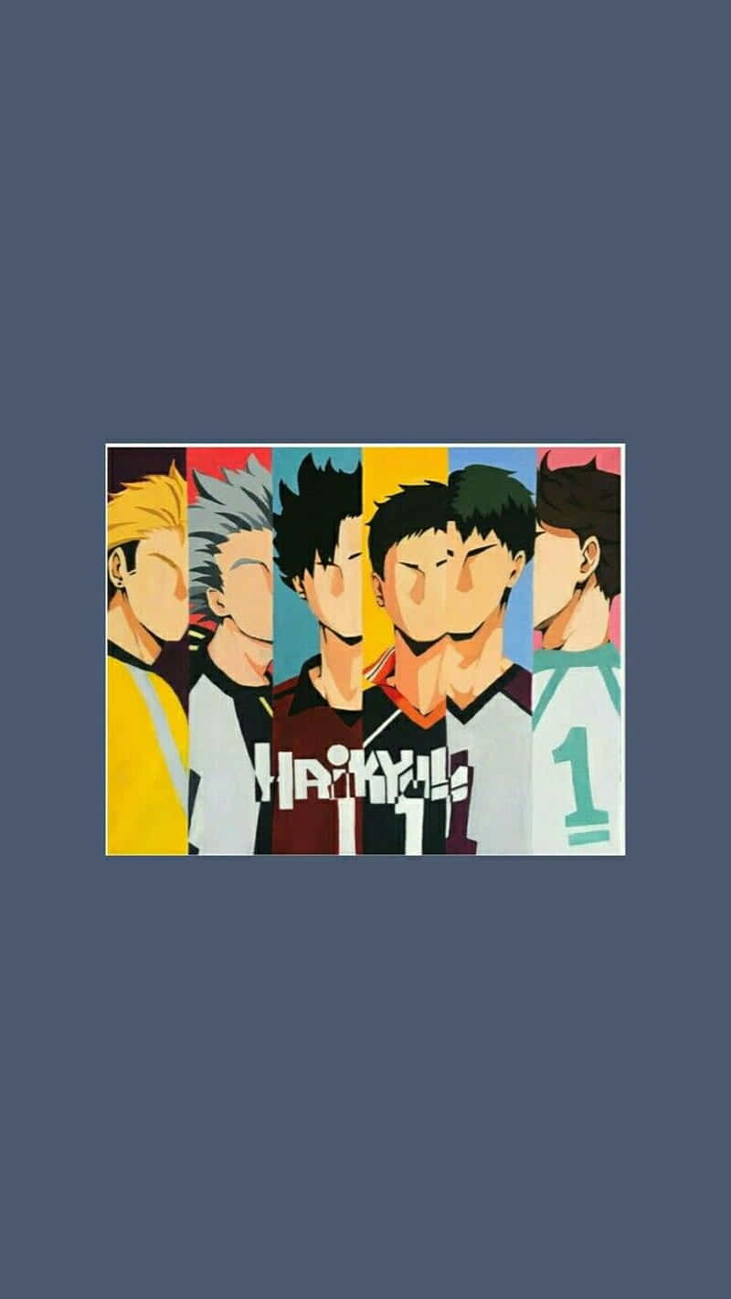 Haikyuu Captains 桌布 壁紙 — 五個動漫排球運動員穿著隊服並排站在藍色背景前，身後有鮮豔的彩色條紋。