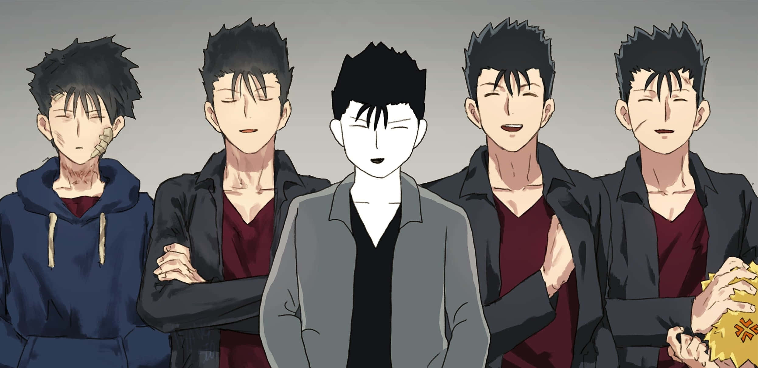 Ryo Shimazaki 桌布 壁紙 — 五個動漫角色，黑色刺蝟頭，排成一排，一個灰階，其他彩色，背景係純灰色。